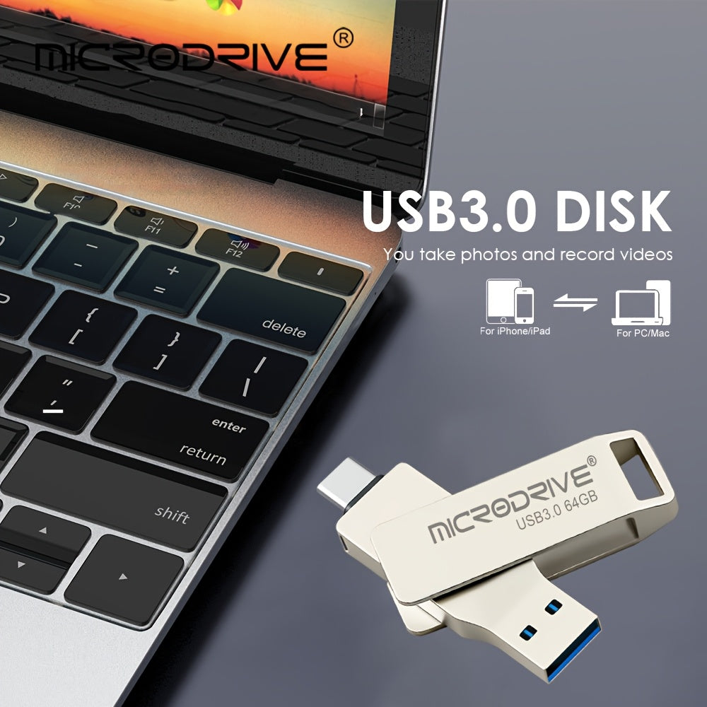 MICRODRIVE Type-C USB 3.0 Flash Drive 2-in-1 Interface, Suitable for Smartphones\u002Ftablets\u002Flaptops, Plug and Play, Portable SSD Alternative, High-speed External Storage, Three Capacities 64GB, 128GB, 256GB.