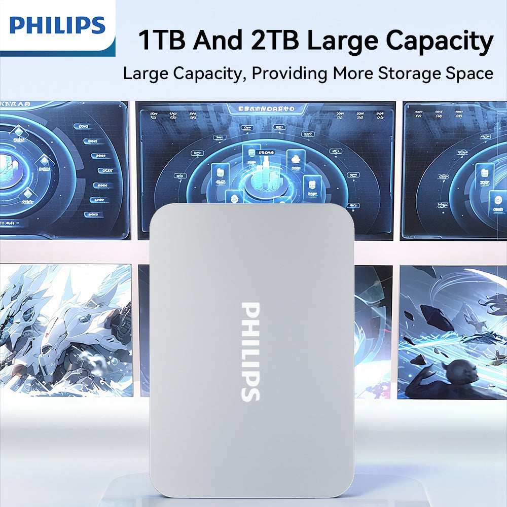 PHILIPS Business-Style Large-Capacity Portable Hard Drive, High-Speed Transfer, Multi-Device Compatibility, External SSD, 1TB and 2TB Options, Secure and Reliable Data Storage.