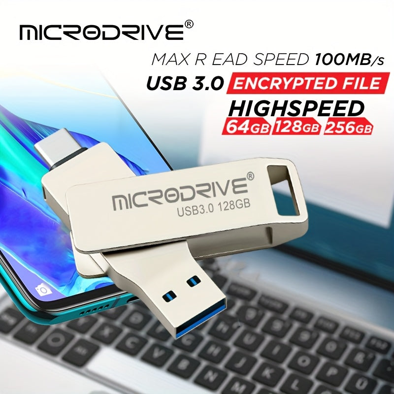 MICRODRIVE Type-C USB 3.0 Flash Drive 2-in-1 Interface, Suitable for Smartphones\u002Ftablets\u002Flaptops, Plug and Play, Portable SSD Alternative, High-speed External Storage, Three Capacities 64GB, 128GB, 256GB.