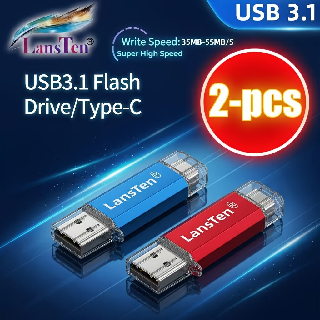 Lansten 2-Pack USB 3.1 128GB Memory Stick, High-Speed WRITE SPEED: 30-45MB\u002FS Dual Connector USB-A And Type-C Storage (RED And BLUE)