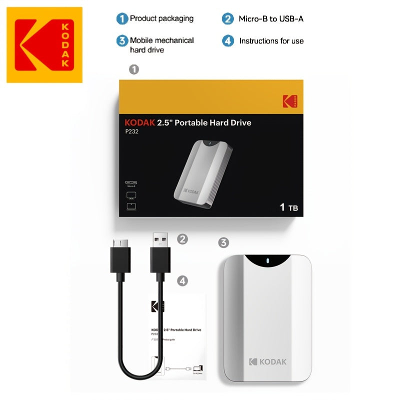 KODAK Portable External Hard Drive with 1TB Capacity, 2.5-Inch Metal Hard Drive Storage. It Adopts a Dual 500GB Disk Core Structure, USB 3.2, with a 5Gbps Transmission Speed. It Is Plug-And-Play Compatible with Windows, Mac And Android