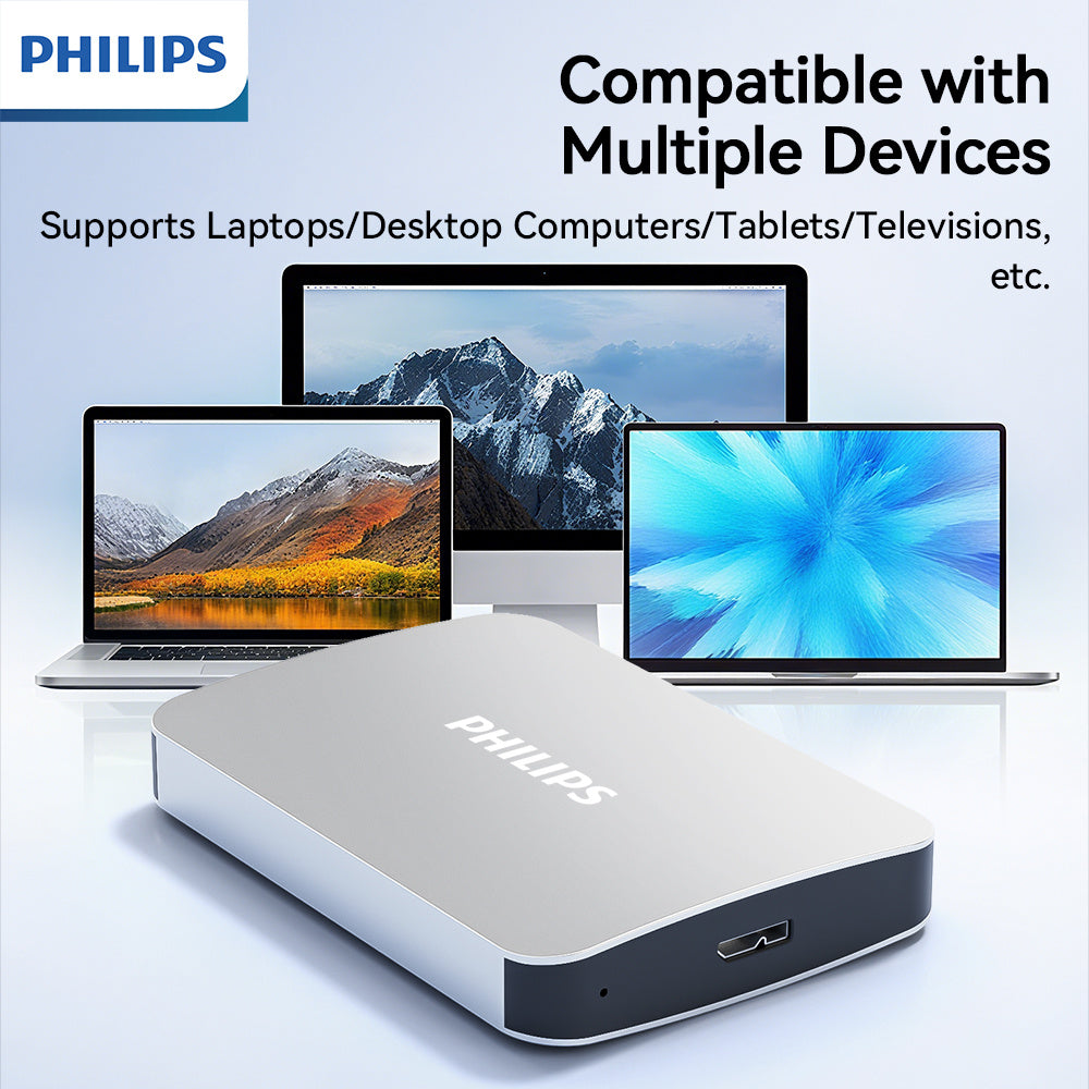 PHILIPS Business-Style Large-Capacity Portable Hard Drive, High-Speed Transfer, Multi-Device Compatibility, External SSD, 1TB and 2TB Options, Secure and Reliable Data Storage.