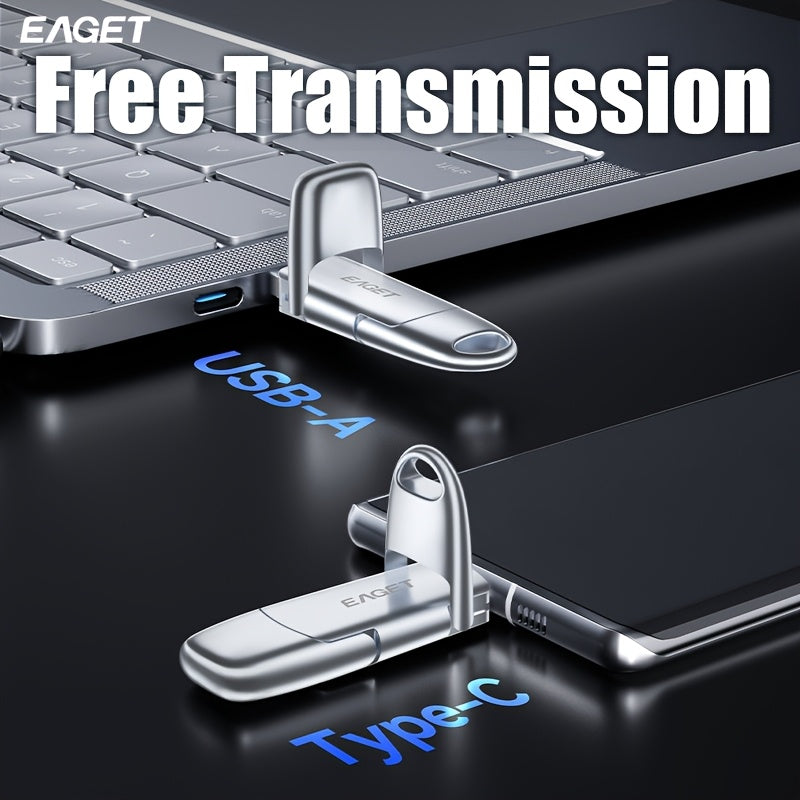EAGET Ultra-Speed USB 3.2 Gen 2 Flash Drive - Sleek Metallic Portable SSD Pen Drive with Dual Type-C & USB Interfaces, 1000MB\u002Fs Read Speed, Ideal for Phones, Tablets, and Cameras