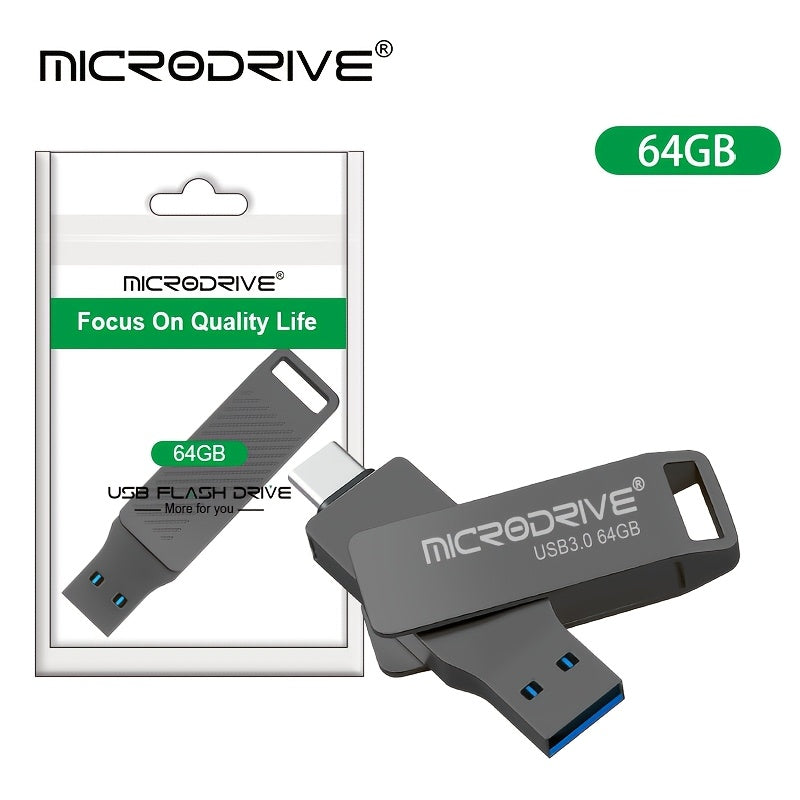 MICRODRIVE Type-C USB 3.0 Flash Drive 2-in-1 Interface, Suitable for Smartphones\u002Ftablets\u002Flaptops, Plug and Play, Portable SSD Alternative, High-speed External Storage, Three Capacities 64GB, 128GB, 256GB.