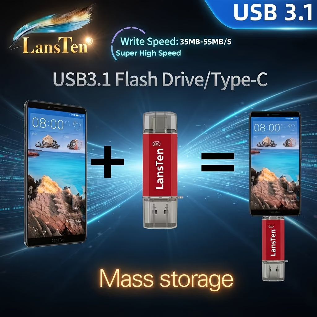 Lansten 2-Pack USB 3.1 128GB Memory Stick, High-Speed WRITE SPEED: 30-45MB\u002FS Dual Connector USB-A And Type-C Storage (RED And BLUE)