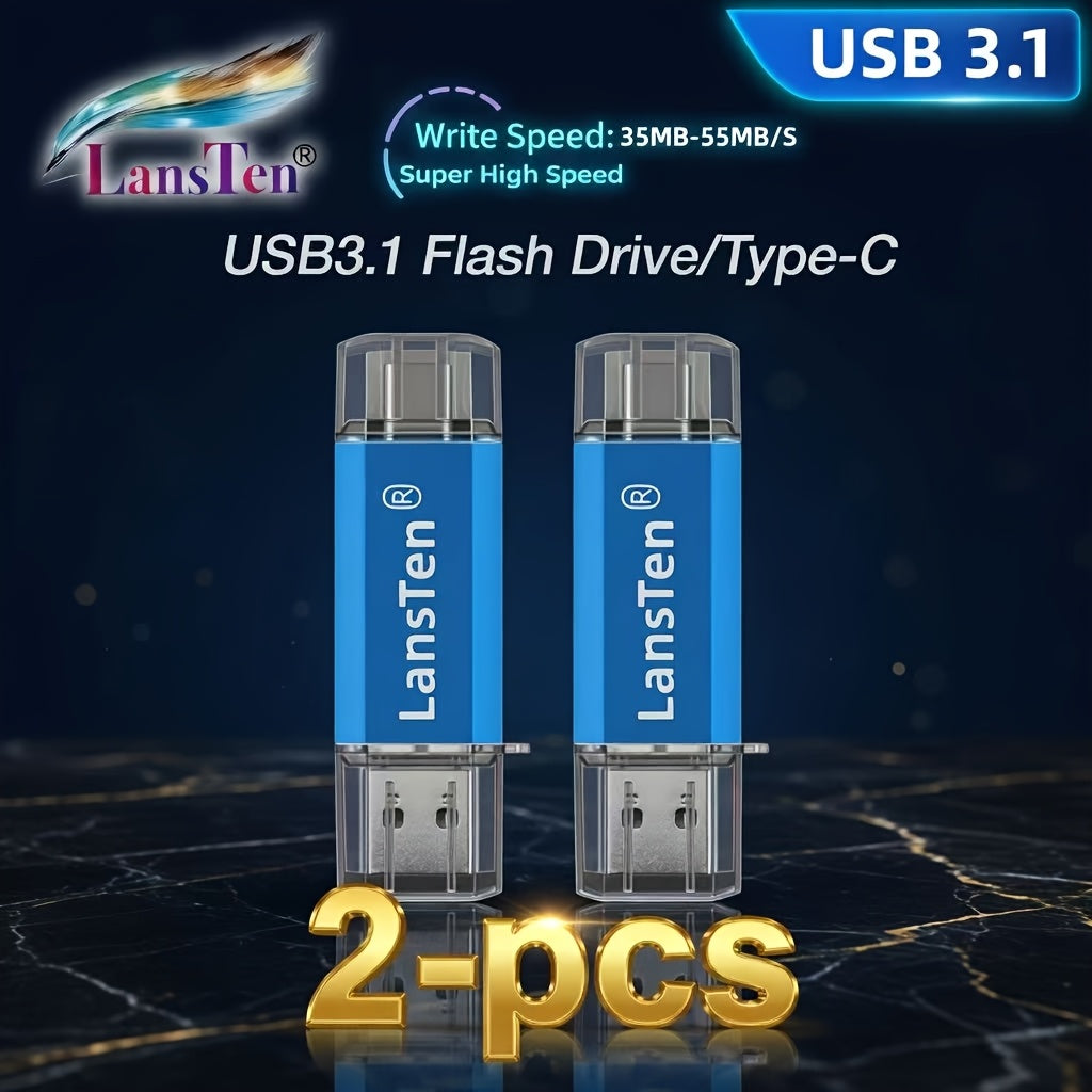 Lansten 2-Pack USB 3.1 128GB Memory Stick, High-Speed WRITE SPEED: 30-45MB\u002FS Dual Connector USB-A And Type-C Storage (RED And BLUE)