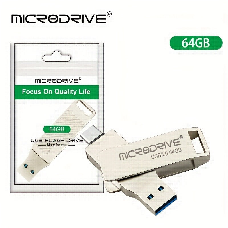 MICRODRIVE Type-C USB 3.0 Flash Drive 2-in-1 Interface, Suitable for Smartphones\u002Ftablets\u002Flaptops, Plug and Play, Portable SSD Alternative, High-speed External Storage, Three Capacities 64GB, 128GB, 256GB.