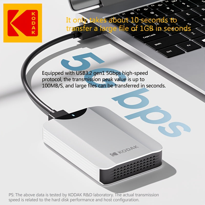 KODAK Portable External Hard Drive with 1TB Capacity, 2.5-Inch Metal Hard Drive Storage. It Adopts a Dual 500GB Disk Core Structure, USB 3.2, with a 5Gbps Transmission Speed. It Is Plug-And-Play Compatible with Windows, Mac And Android