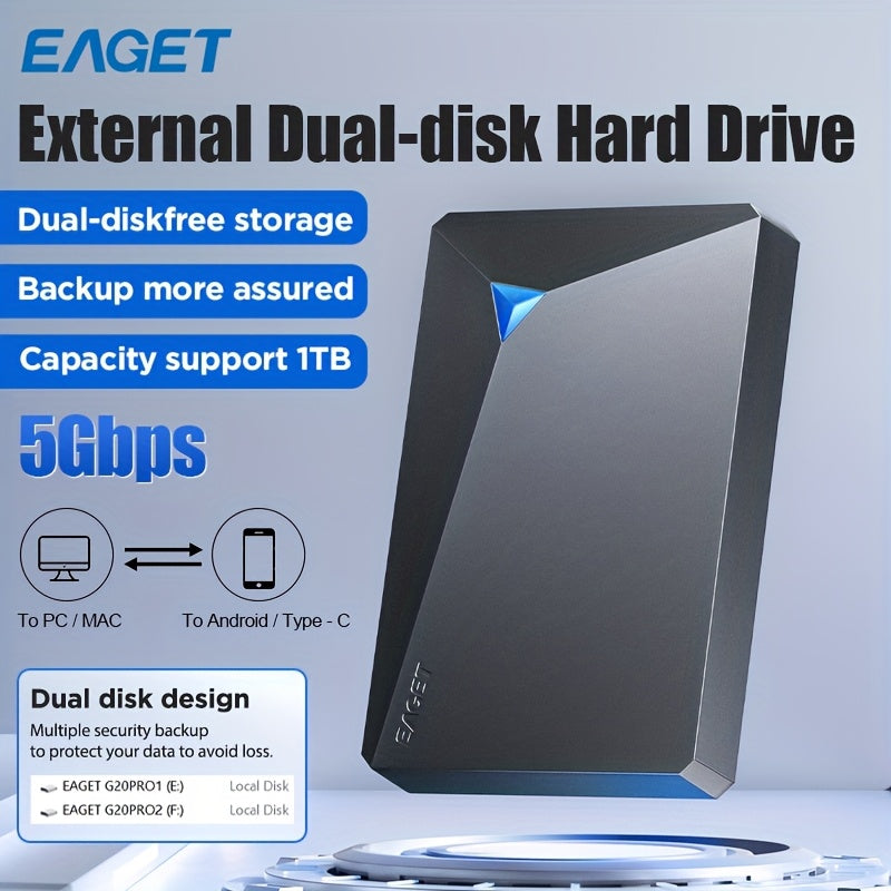1pc 960GB\u002F1TB Dual-Disk Portable External Hard Drive, USB 3.0 High-Speed Transfer, 2.5-Inch Mechanical HDD, Business Design, Reliable & Durable, NTFS File System, Plug & Play Compatible with PC Mac, Tablet, Mac, PS, Xbox