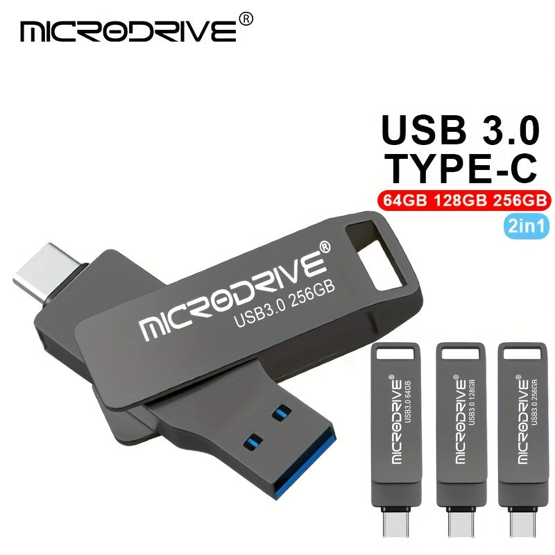 MICRODRIVE Type-C USB 3.0 Flash Drive 2-in-1 Interface, Suitable for Smartphones\u002Ftablets\u002Flaptops, Plug and Play, Portable SSD Alternative, High-speed External Storage, Three Capacities 64GB, 128GB, 256GB.
