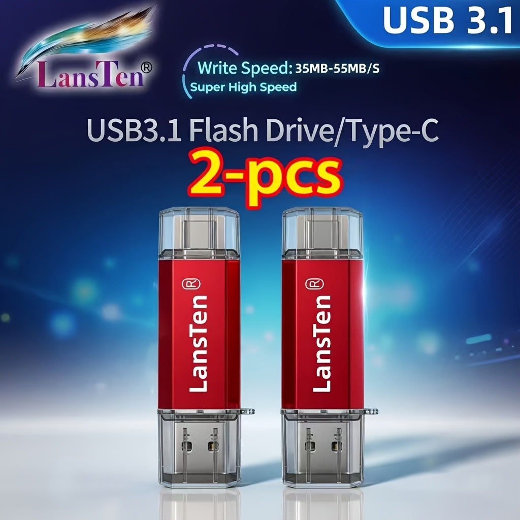Lansten 2-Pack USB 3.1 128GB Memory Stick, High-Speed WRITE SPEED: 30-45MB\u002FS Dual Connector USB-A And Type-C Storage (RED And BLUE)