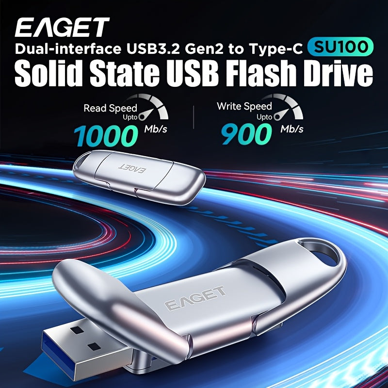 EAGET Ultra-Speed USB 3.2 Gen 2 Flash Drive - Sleek Metallic Portable SSD Pen Drive with Dual Type-C & USB Interfaces, 1000MB\u002Fs Read Speed, Ideal for Phones, Tablets, and Cameras