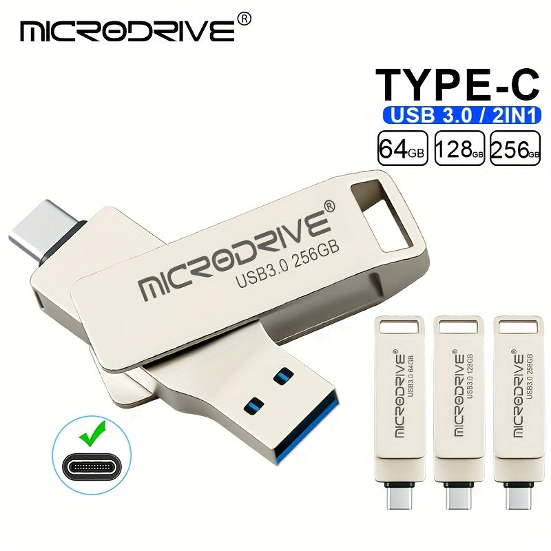 MICRODRIVE Type-C USB 3.0 Flash Drive 2-in-1 Interface, Suitable for Smartphones\u002Ftablets\u002Flaptops, Plug and Play, Portable SSD Alternative, High-speed External Storage, Three Capacities 64GB, 128GB, 256GB.