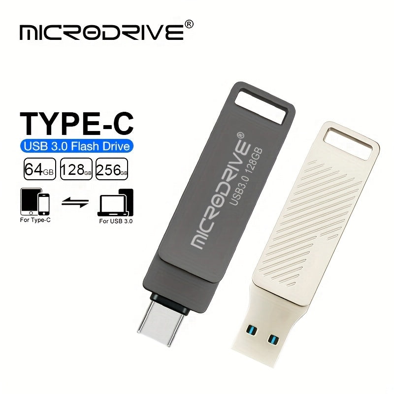 MICRODRIVE Type-C USB 3.0 Flash Drive 2-in-1 Interface, Suitable for Smartphones\u002Ftablets\u002Flaptops, Plug and Play, Portable SSD Alternative, High-speed External Storage, Three Capacities 64GB, 128GB, 256GB.