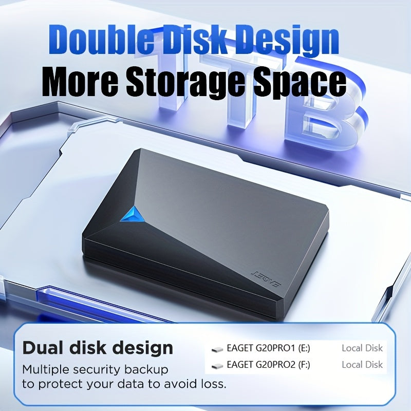 1pc 960GB\u002F1TB Dual-Disk Portable External Hard Drive, USB 3.0 High-Speed Transfer, 2.5-Inch Mechanical HDD, Business Design, Reliable & Durable, NTFS File System, Plug & Play Compatible with PC Mac, Tablet, Mac, PS, Xbox