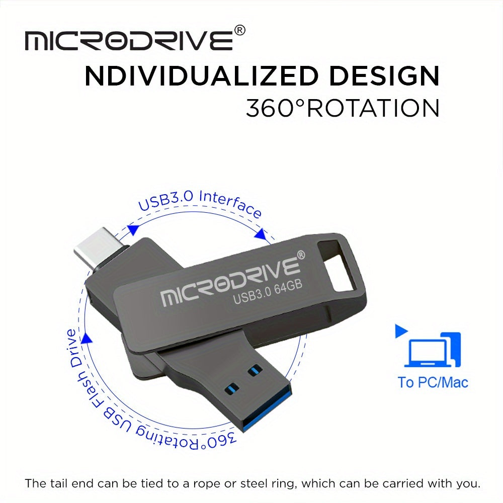 MICRODRIVE Type-C USB 3.0 Flash Drive 2-in-1 Interface, Suitable for Smartphones\u002Ftablets\u002Flaptops, Plug and Play, Portable SSD Alternative, High-speed External Storage, Three Capacities 64GB, 128GB, 256GB.
