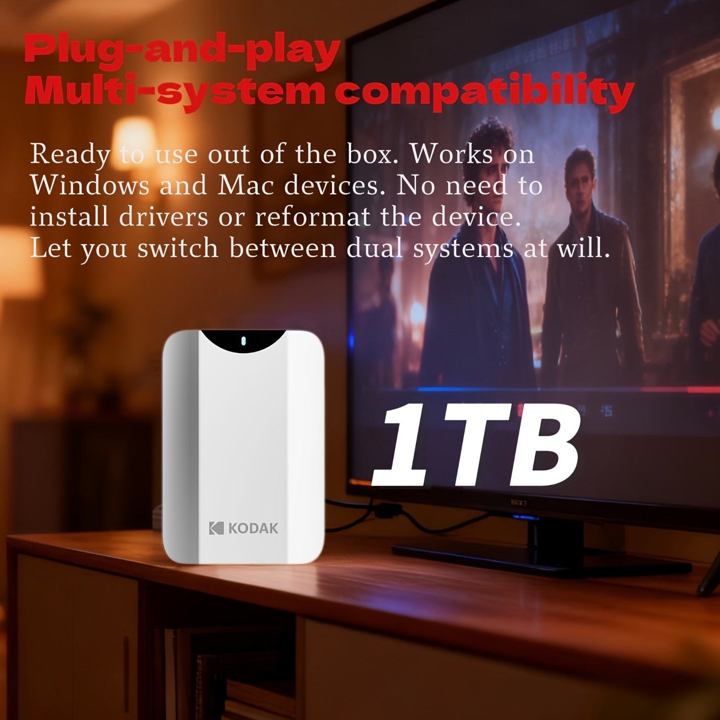 KODAK Portable External Hard Drive with 1TB Capacity, 2.5-Inch Metal Hard Drive Storage. It Adopts a Dual 500GB Disk Core Structure, USB 3.2, with a 5Gbps Transmission Speed. It Is Plug-And-Play Compatible with Windows, Mac And Android