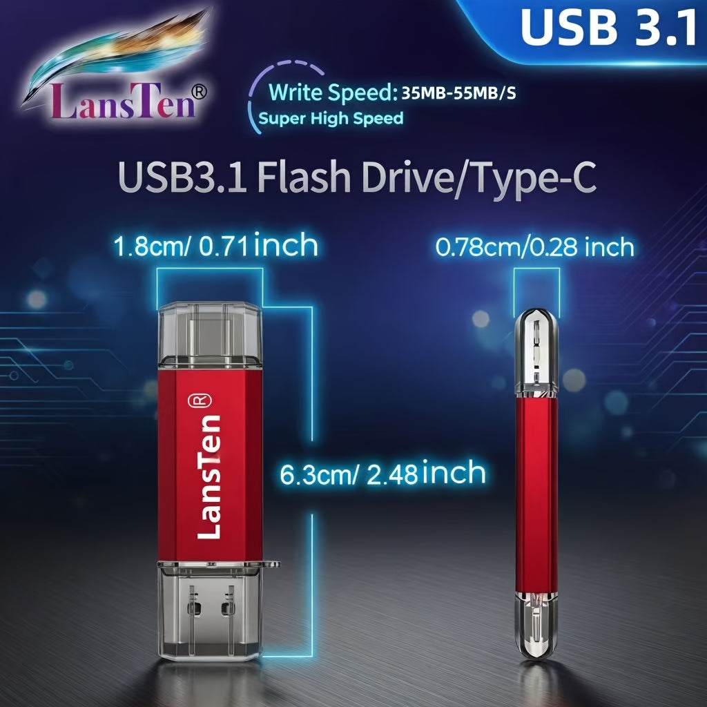 Lansten 2-Pack USB 3.1 128GB Memory Stick, High-Speed WRITE SPEED: 30-45MB\u002FS Dual Connector USB-A And Type-C Storage (RED And BLUE)