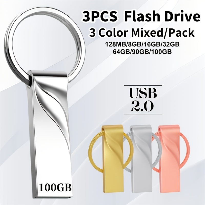 3pcs Mixed Color High-Speed USB 2.0 Flash Drives - Ranging from 128MB\u002F8GB\u002F16GB\u002F32GB\u002F64GB\u002F90GB\u002F100GB Metal USB Sticks, True Capacity, Compatible with PC, TV, And Car Audio Systems